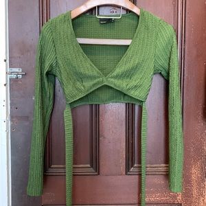 ASOS long sleeve co-ord; tie in the back crop top and midi skirt in (moss green)